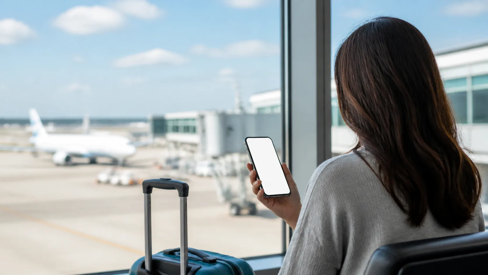 Viajante no aeroporto consulta o celular ao lado de uma mala antes de embarcar