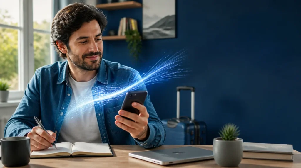 Viajante usa o celular para planejar transferência de pontos e milhas LATAM Pass