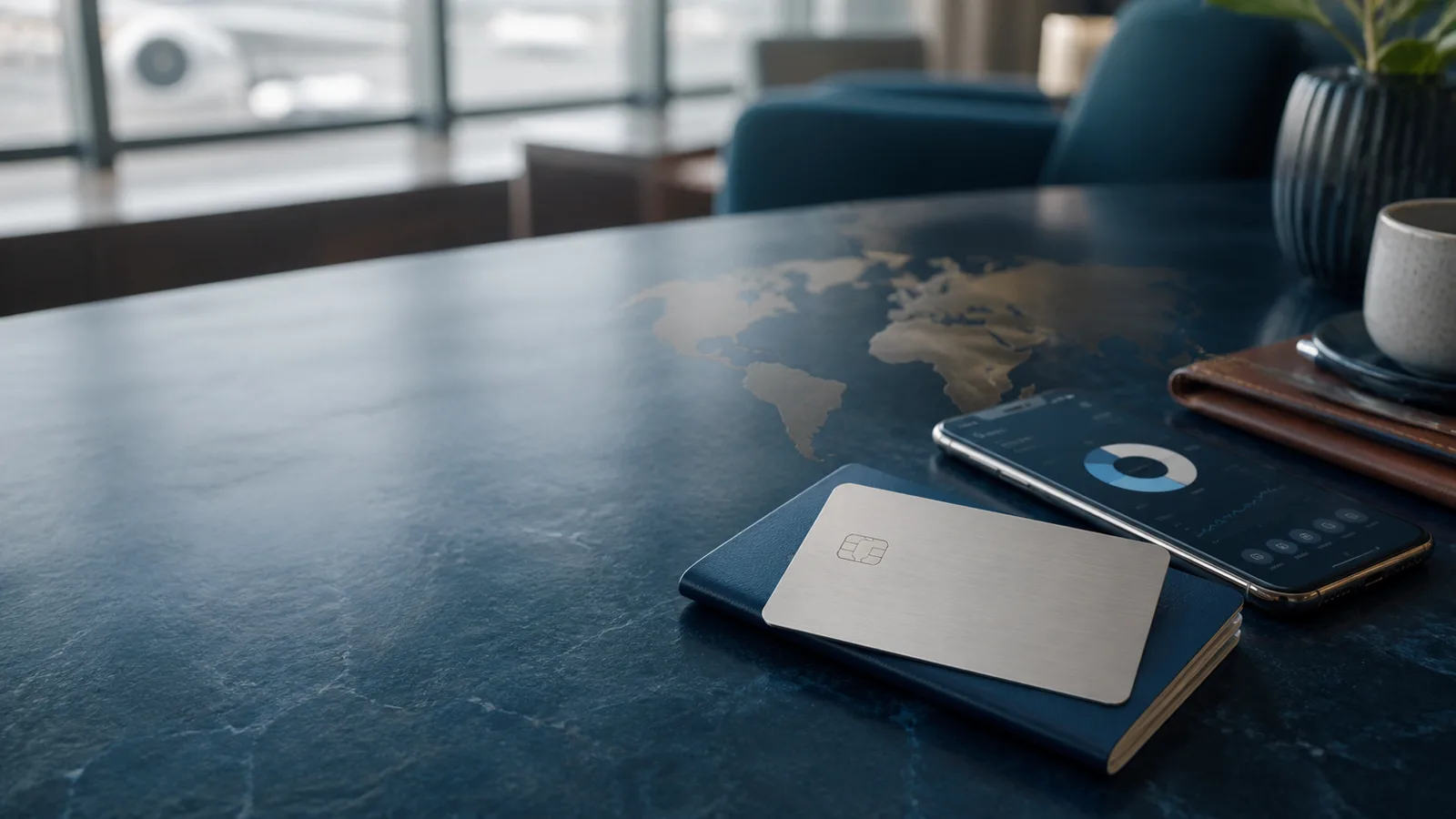 Cartão premium prateado sobre um passaporte em uma mesa com mapa-múndi