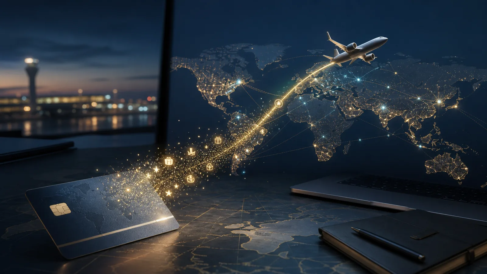 Cartão genérico conectado a uma rota aérea luminosa sobre um mapa-múndi