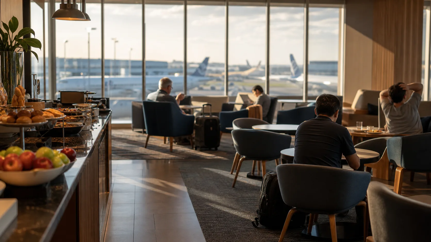 Sala VIP de aeroporto com área de alimentação e viajantes