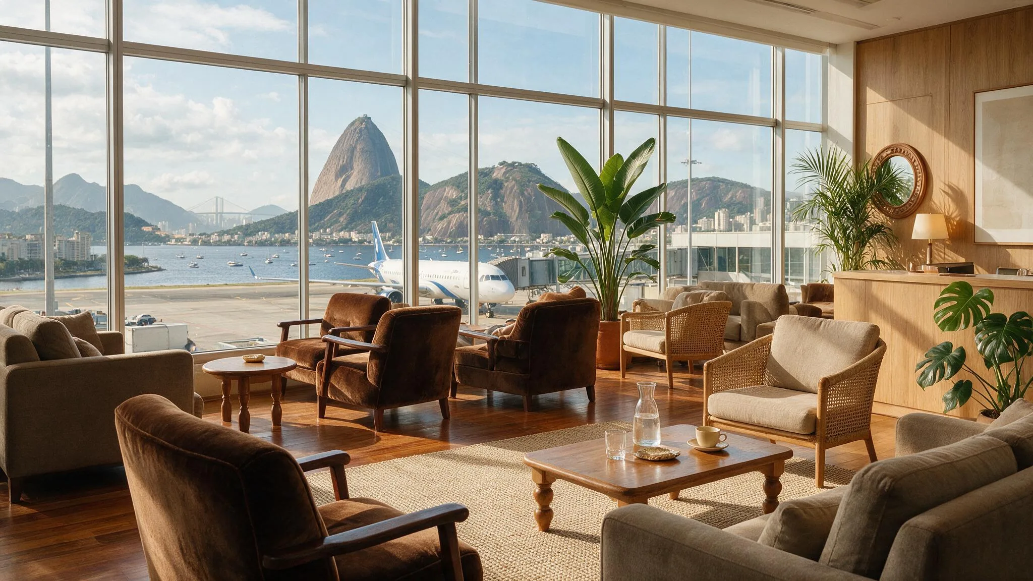 Sala VIP com poltronas e janelas no Aeroporto Santos Dumont