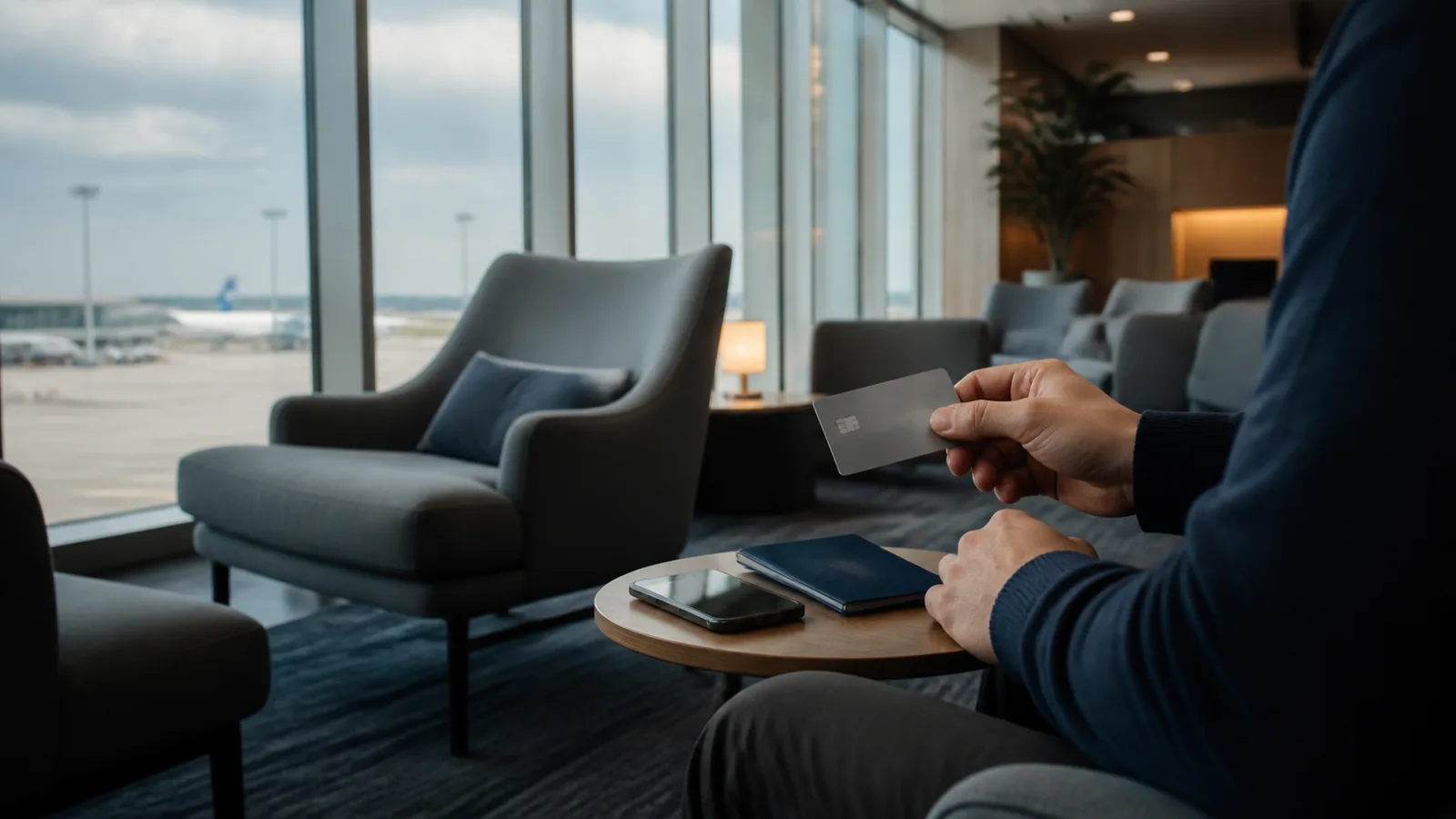 Viajante usando um cartão genérico em uma sala VIP de aeroporto
