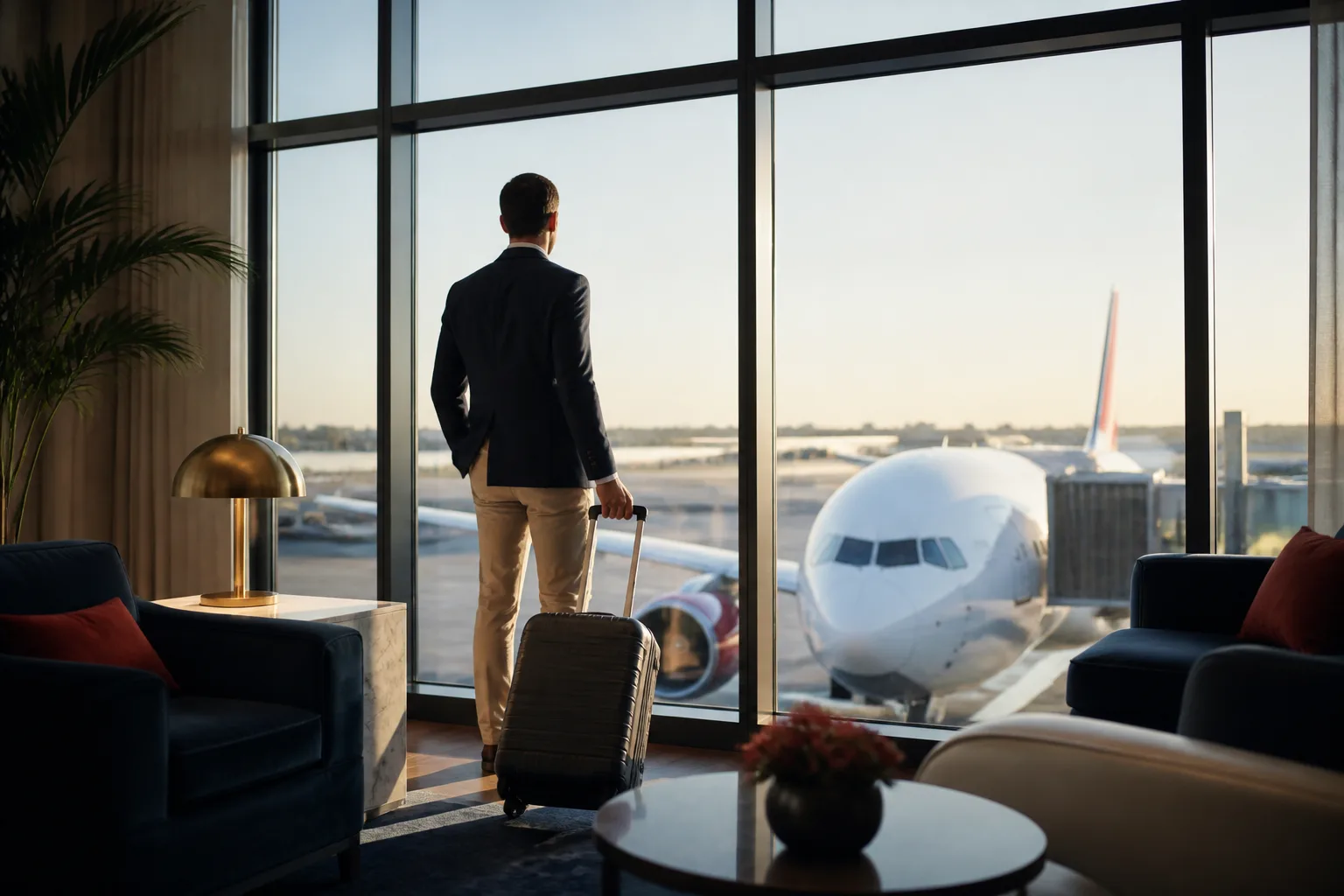 Passageiro com mala em uma sala VIP diante de um avião