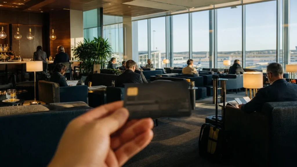 Sala VIP de aeroporto nos Estados Unidos com cartão premium em primeiro plano
