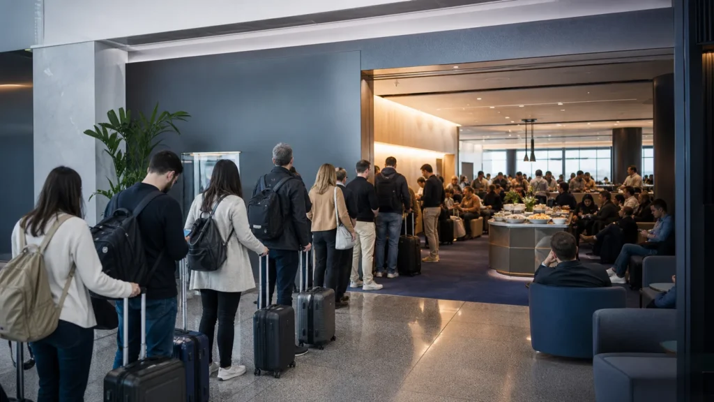 Fila de passageiros diante de uma sala VIP de aeroporto lotada
