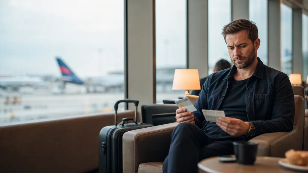 Viajante em sala VIP de aeroporto analisando um cartão e uma fatura