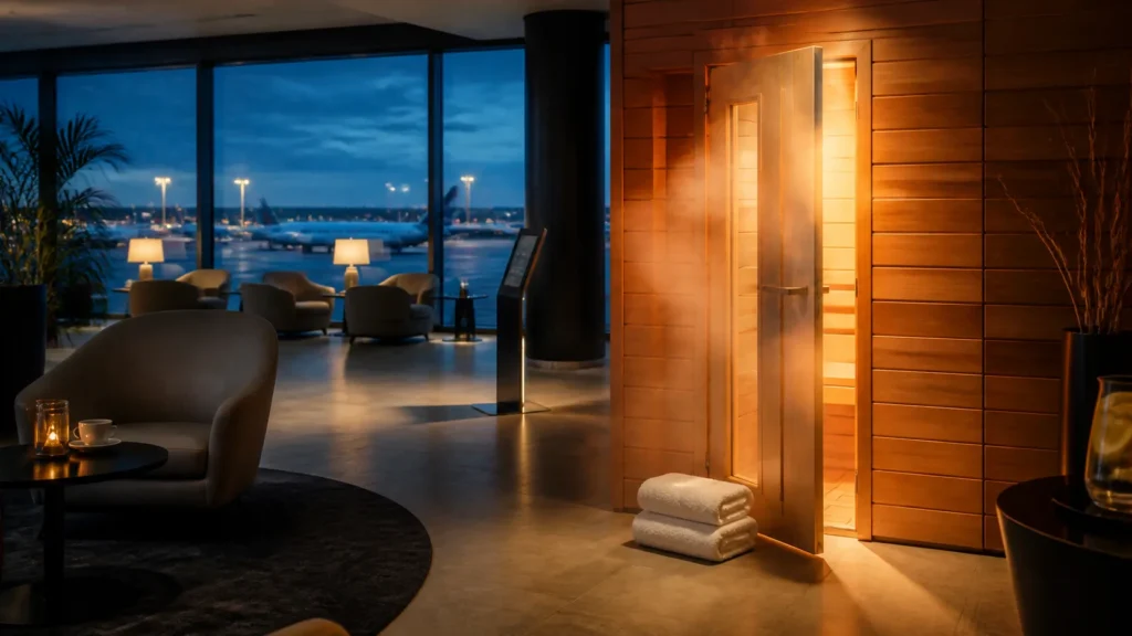 Sauna privativa ilustrativa dentro de uma sala VIP de aeroporto em Paris