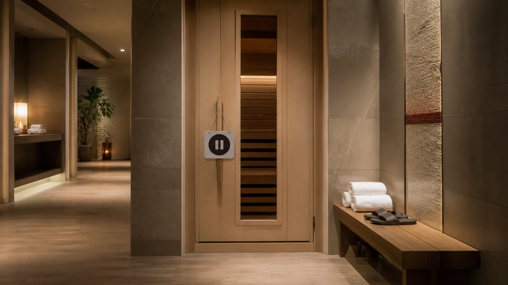 Porta de uma sauna fechada em área de bem-estar de sala VIP de aeroporto