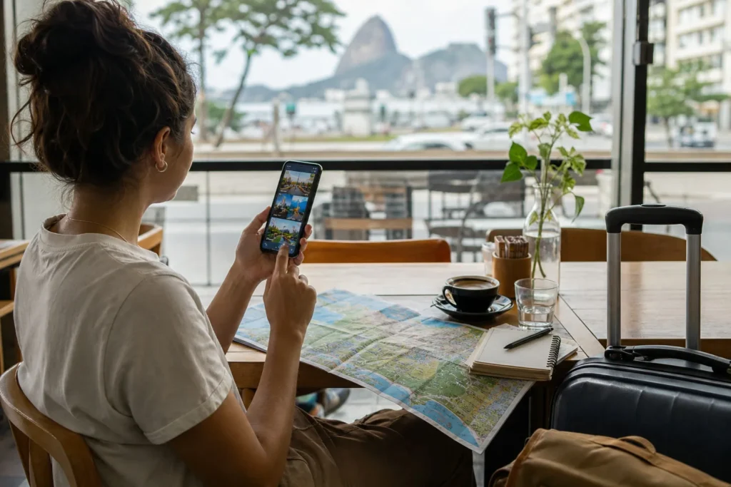 Viajante pesquisa destinos em vídeos curtos no celular durante o planejamento de viagem