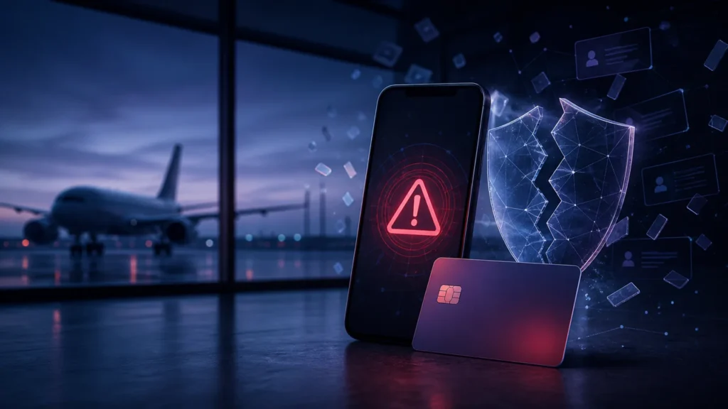 Vazamento de dados da LATAM representado por alerta de segurança em aeroporto