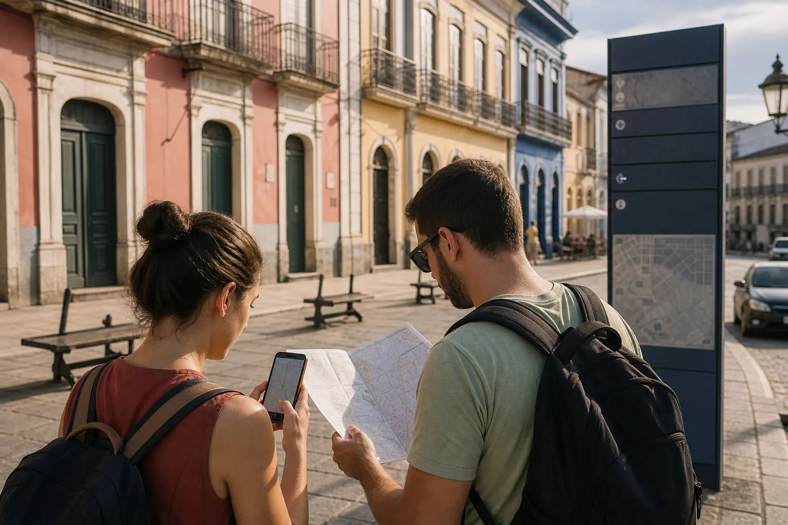 Viajantes conferem uma dica do celular com mapa e sinalização oficial no destino