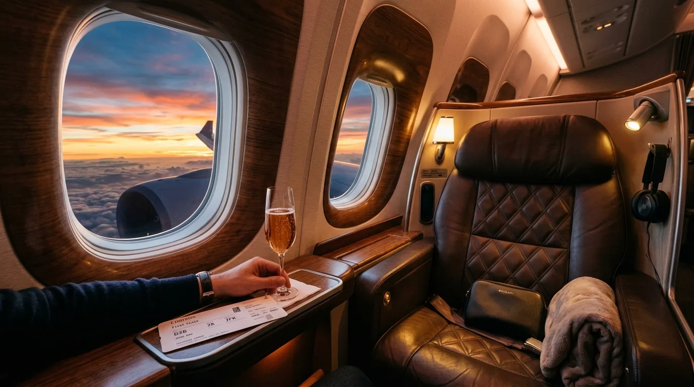 Janela de cabine executiva de avião ao pôr do sol com taça de champanhe