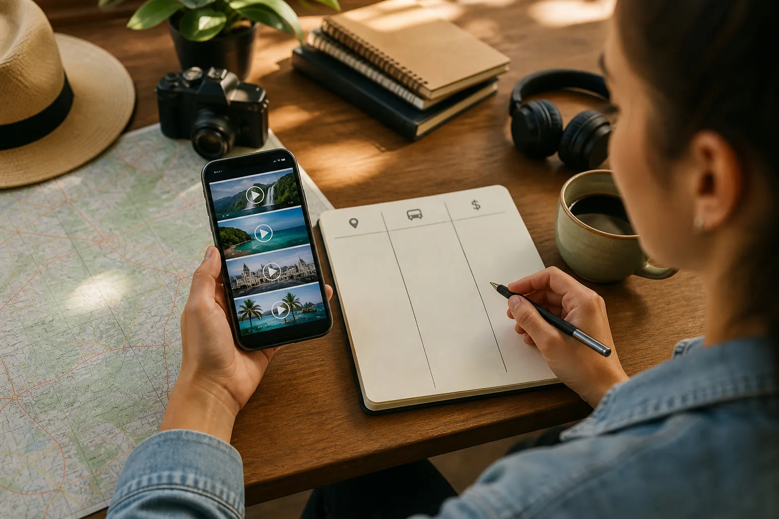Pessoa compara vídeos curtos de viagem com mapa e caderno de planejamento