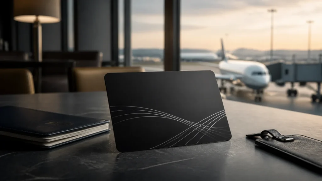 Cartão premium genérico em sala de aeroporto, imagem destacada sobre o Visa Infinite Private