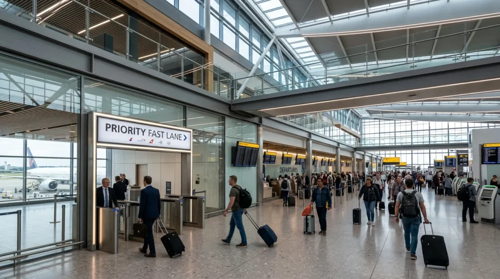 Fila prioritaria de raio-x em terminal de aeroporto internacional
