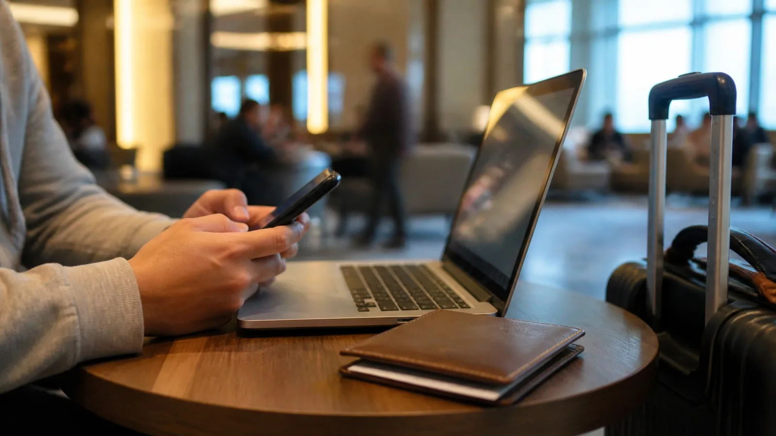 Viajante usando celular e notebook em uma rede Wi-Fi pública
