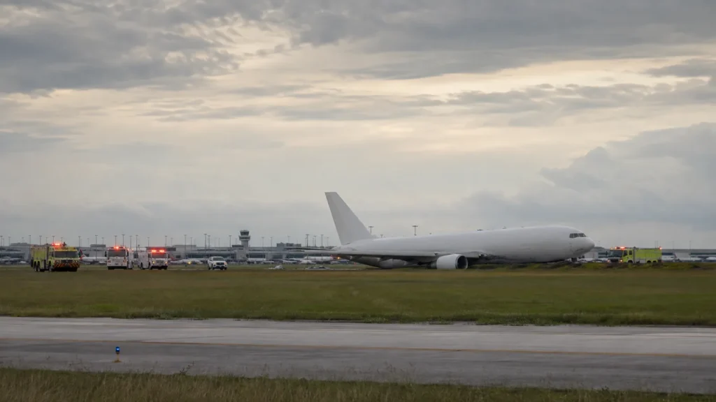 Acidente com avião da Amazon em Miami ilustrado por aeronave de carga e equipes de emergência