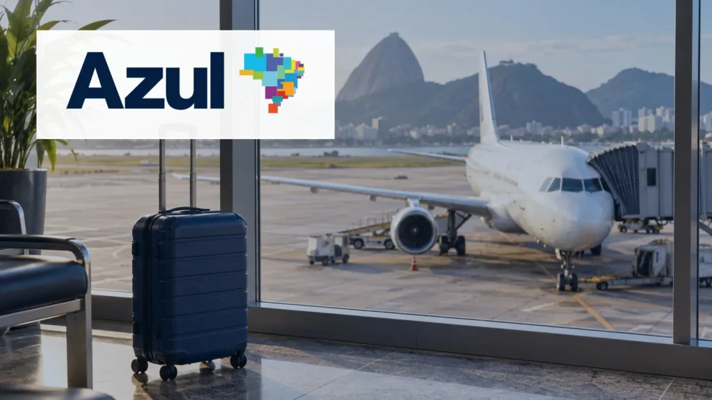 Logo oficial da Azul em imagem ilustrativa sobre bônus na transferência de pontos