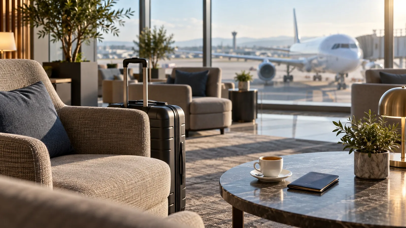 Poltronas, mala de mão e mesa com café em uma sala de aeroporto