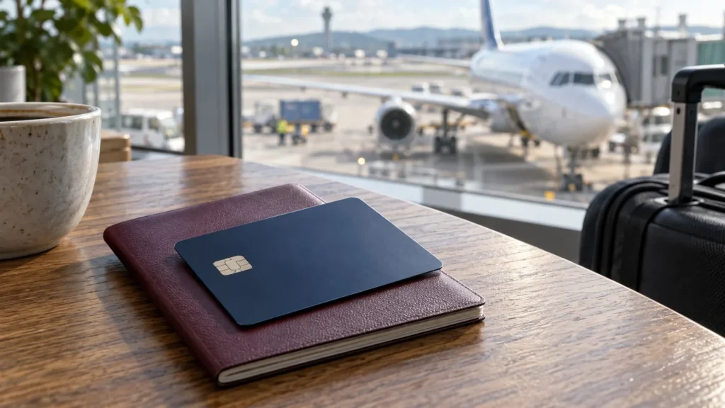 Cartão genérico sobre passaporte em aeroporto ilustra a campanha Caixa sem anuidade por 1 ano