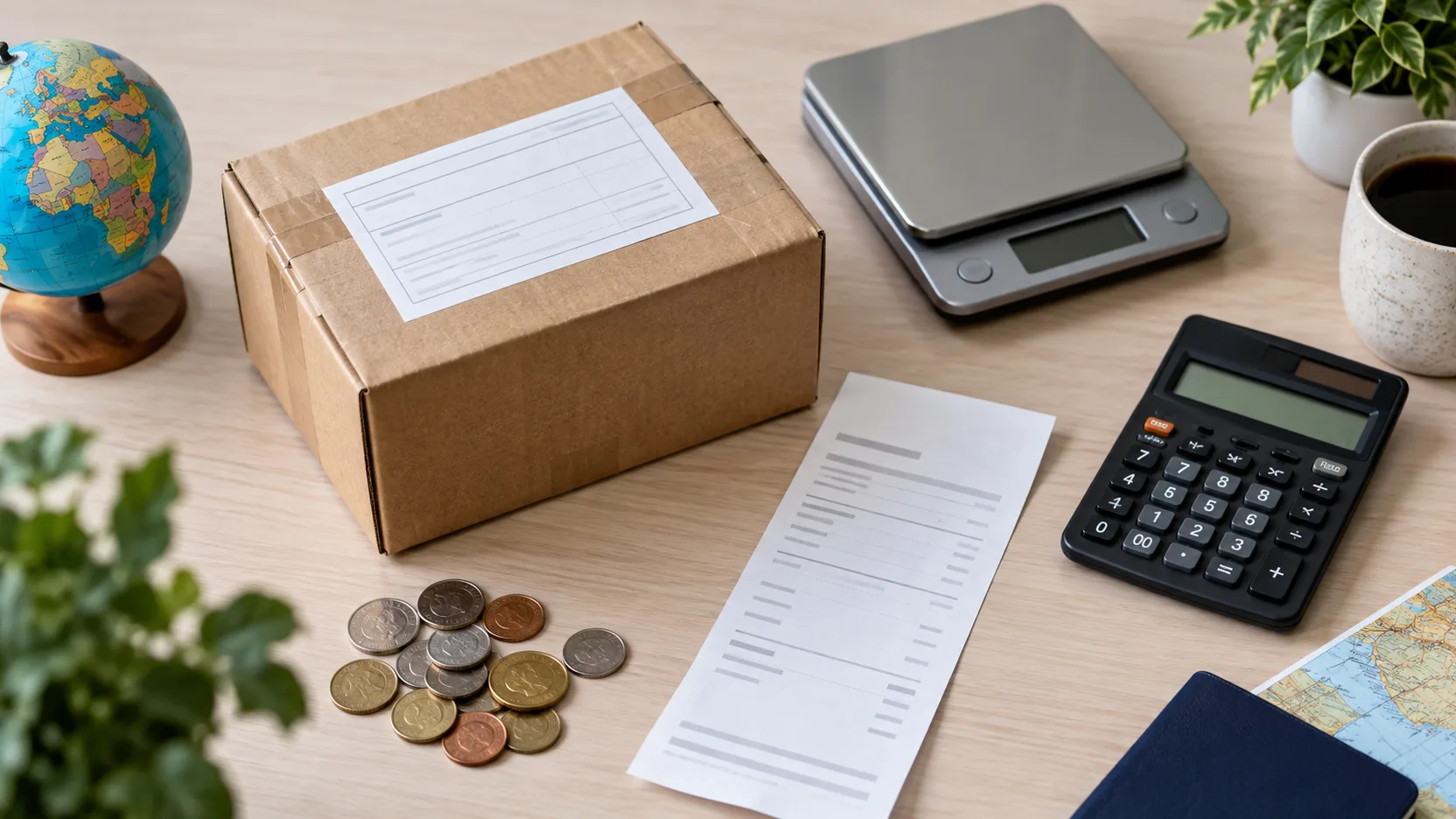 Encomenda, calculadora e recibo sem texto legível para representar o cálculo de impostos de uma compra internacional