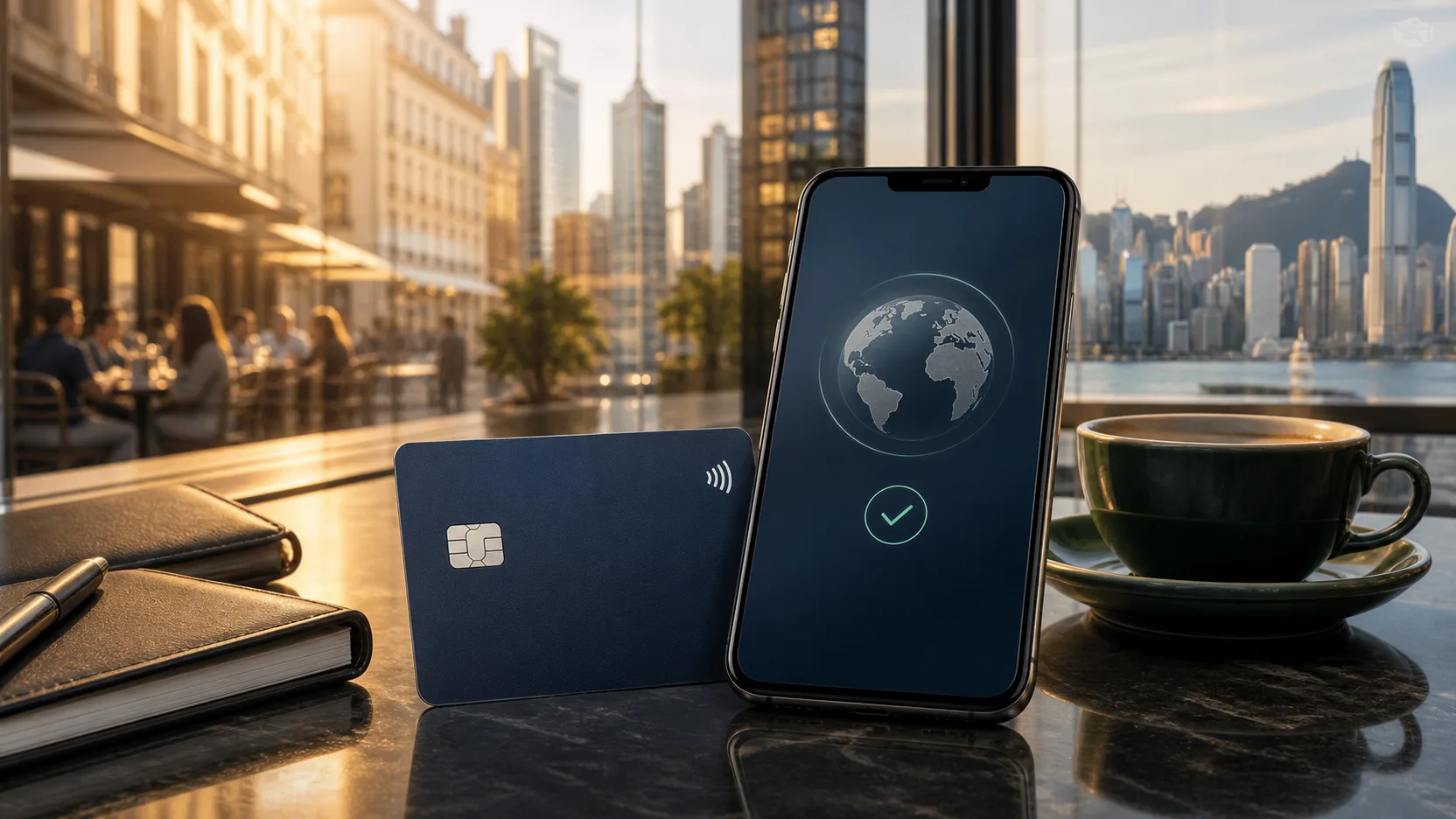 Cartão global e celular representando pagamentos durante viagens internacionais