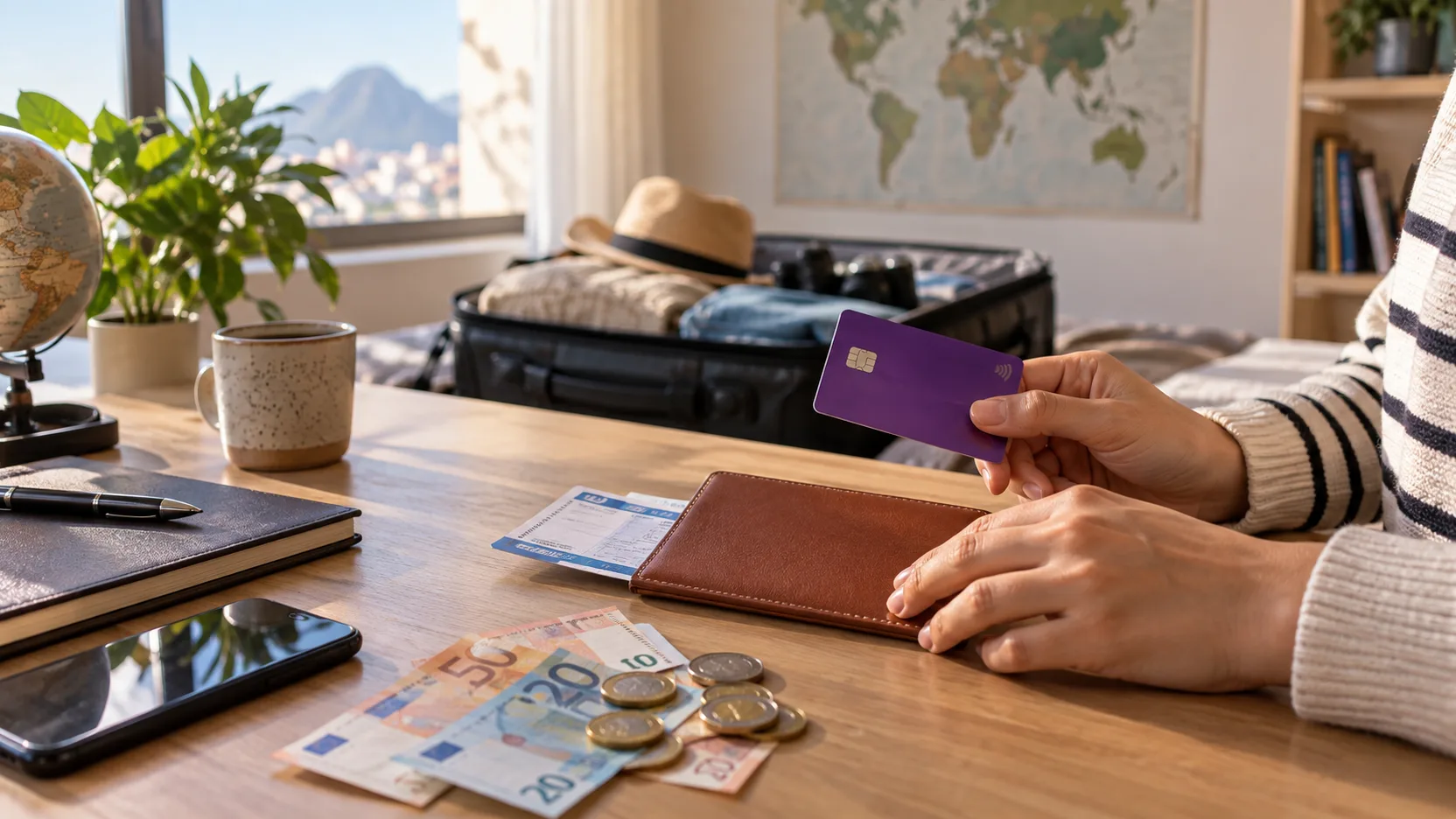 Passaporte, cartão roxo sem marca e mala em preparação para viagem internacional