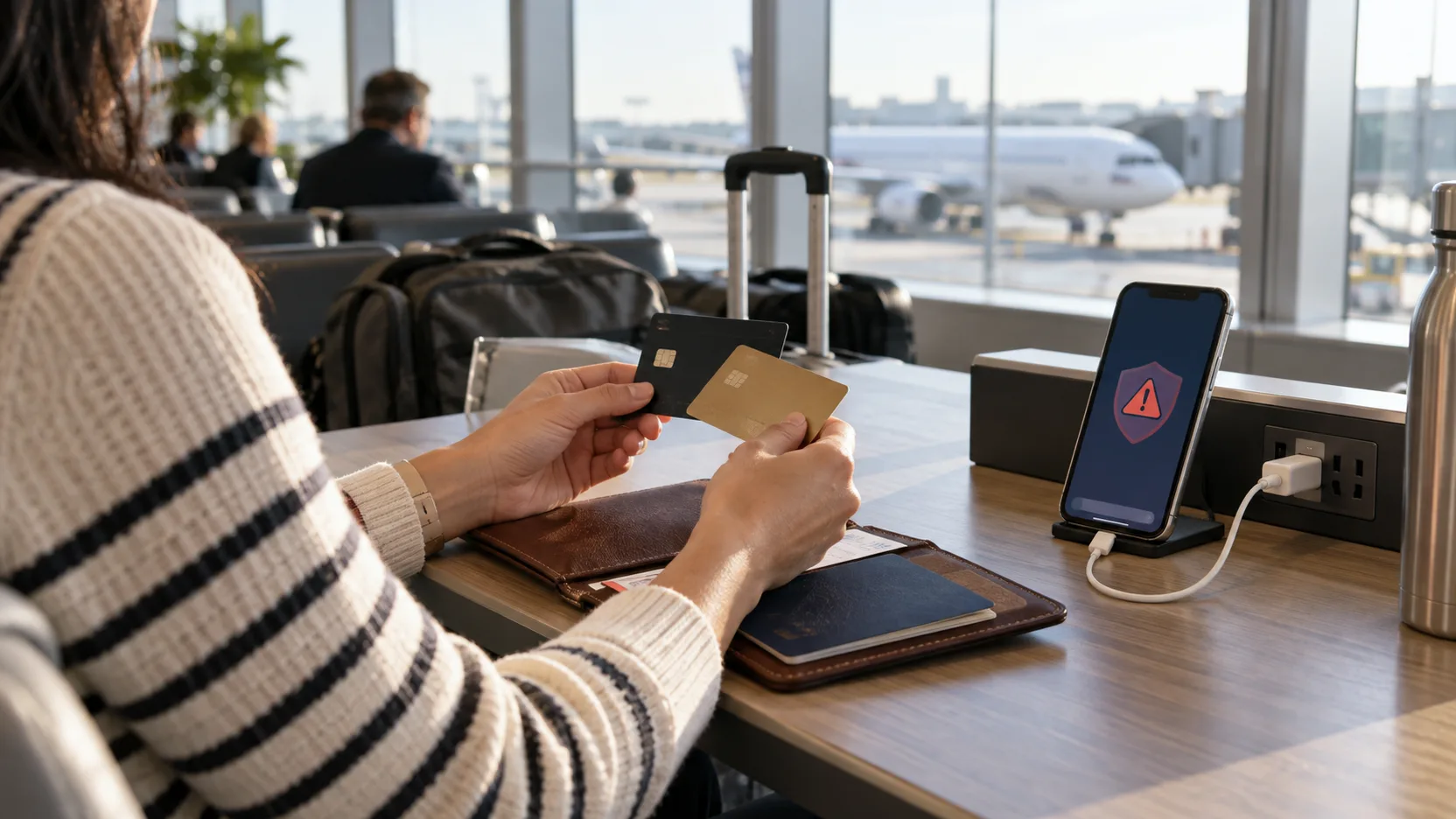 Viajante organiza dois cartões e documentos ao lado de celular em aeroporto