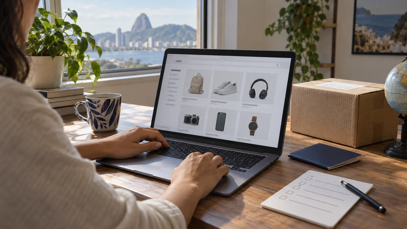 Pessoa usando notebook perto de uma encomenda para representar a conferência antes de uma compra online no exterior