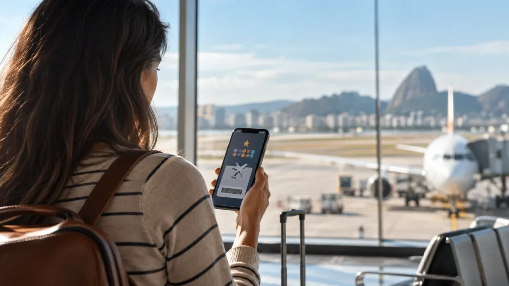 Viajante consulta benefícios de um programa de milhas no aeroporto