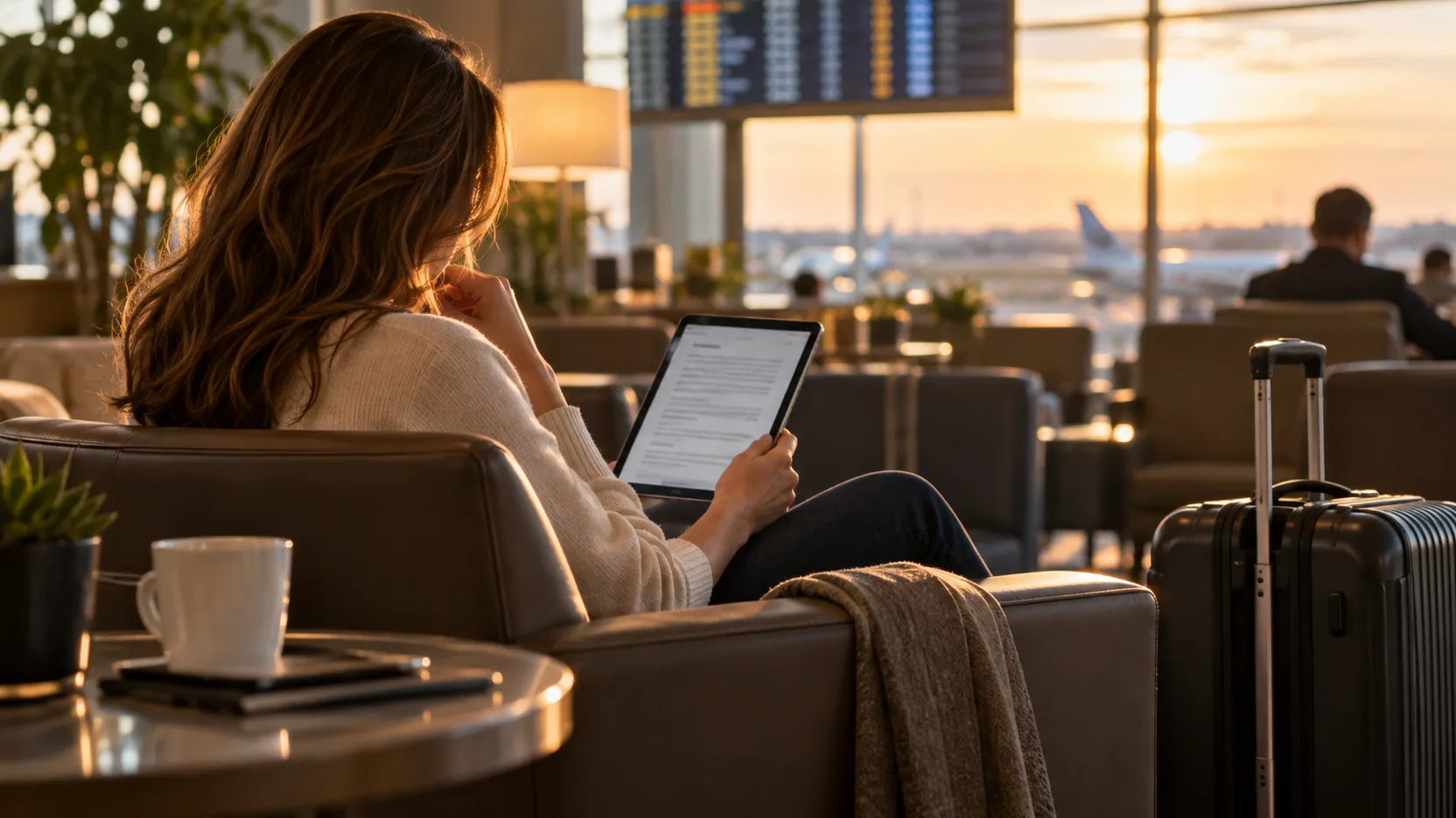 Viajante lê os termos da migração de plano do Clube LATAM Pass em um aeroporto