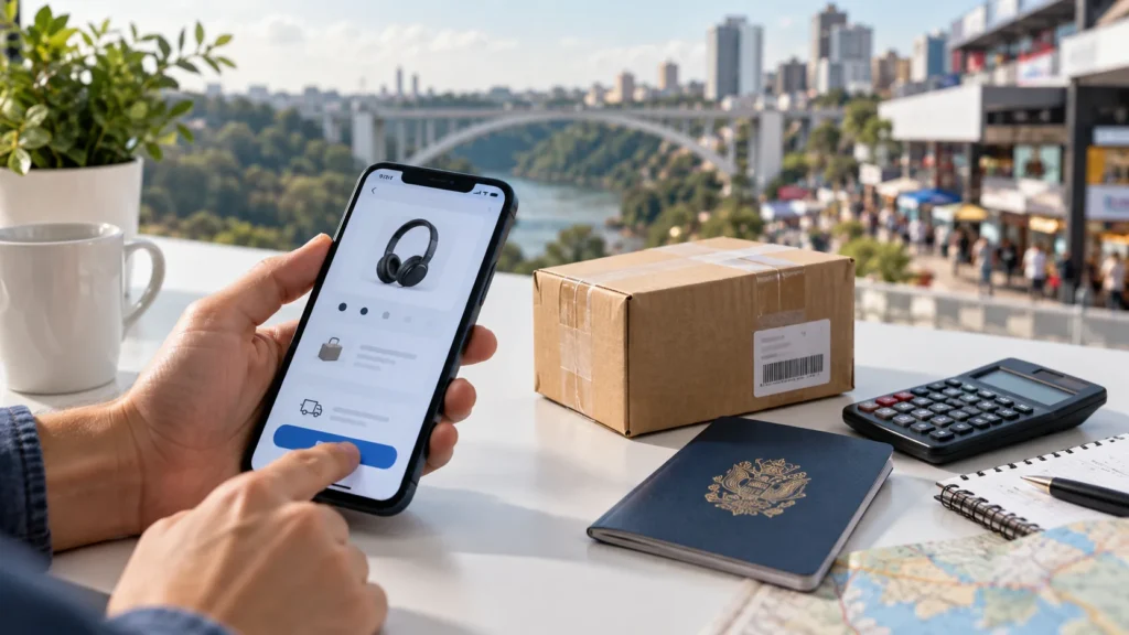 Celular e encomenda em uma mesa, ilustrando compras online do Paraguai para entrega no Brasil