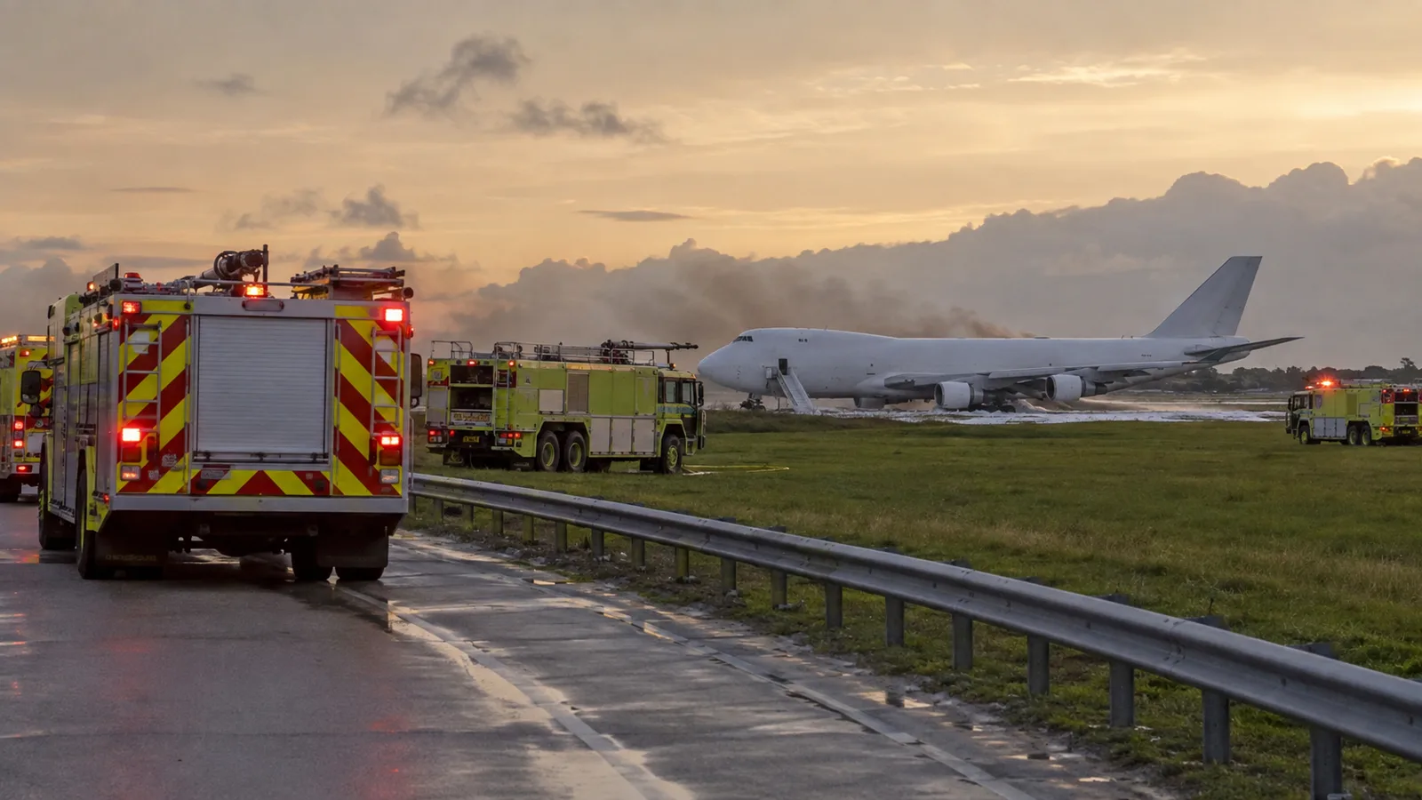 Equipes de emergência atendem ocorrência com avião de carga em área aeroportuária