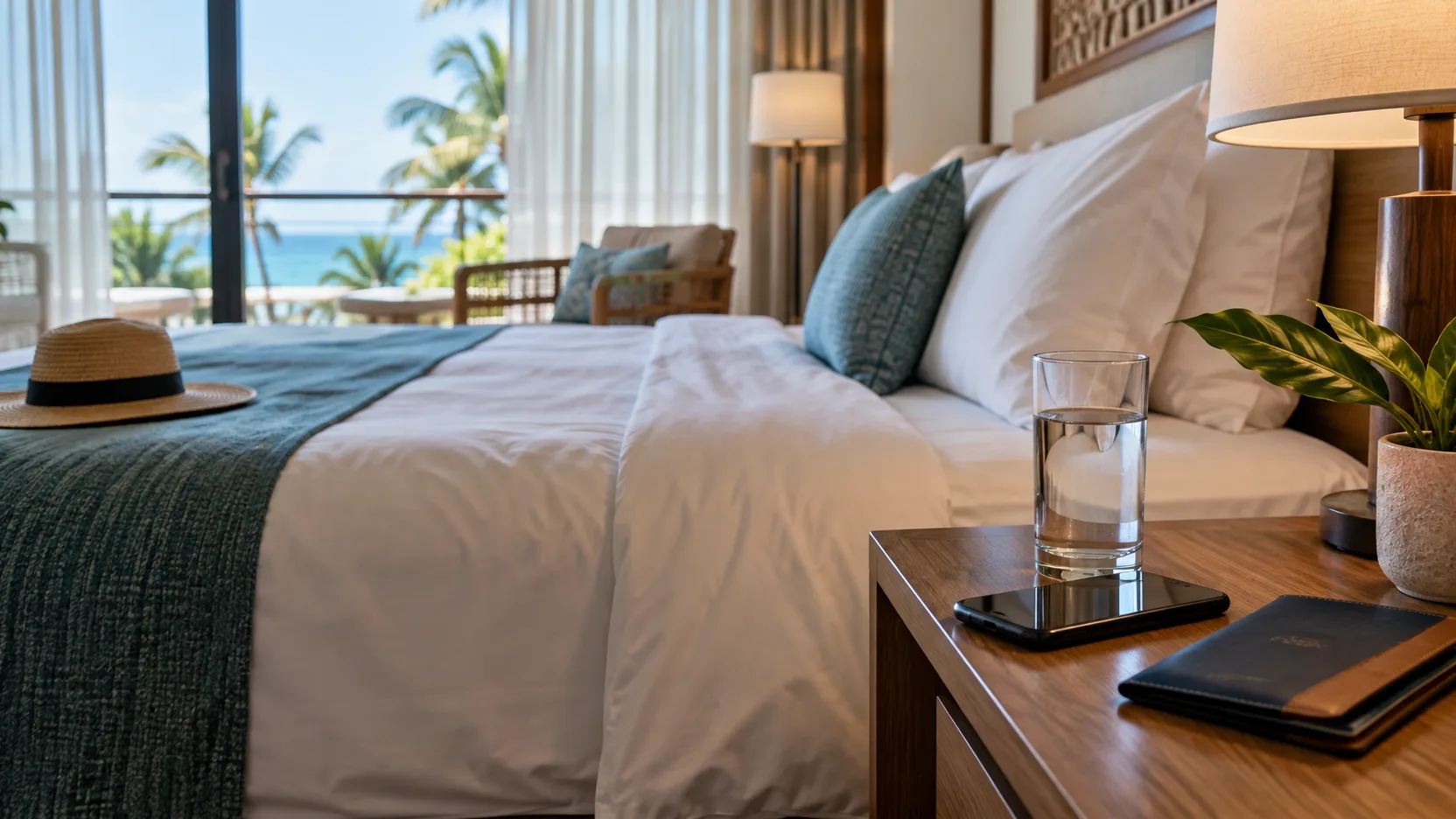 Quarto de hotel com água e telefone à cabeceira, imagem ilustrativa sobre cuidados durante uma viagem