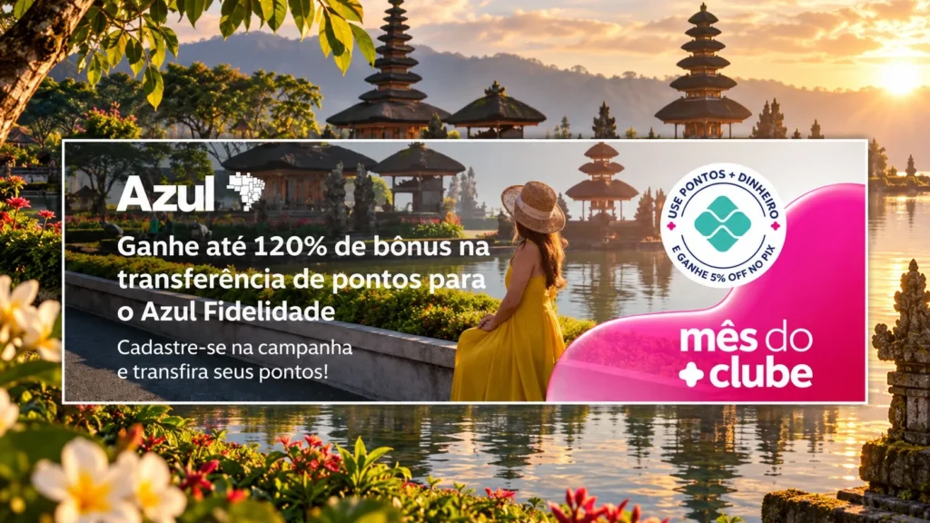 Banner da campanha Livelo e Azul com até 120% de bônus nas transferências