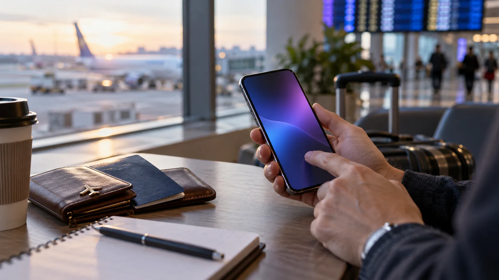 Celular e documentos de viagem sobre mesa em aeroporto, representando transferências internacionais