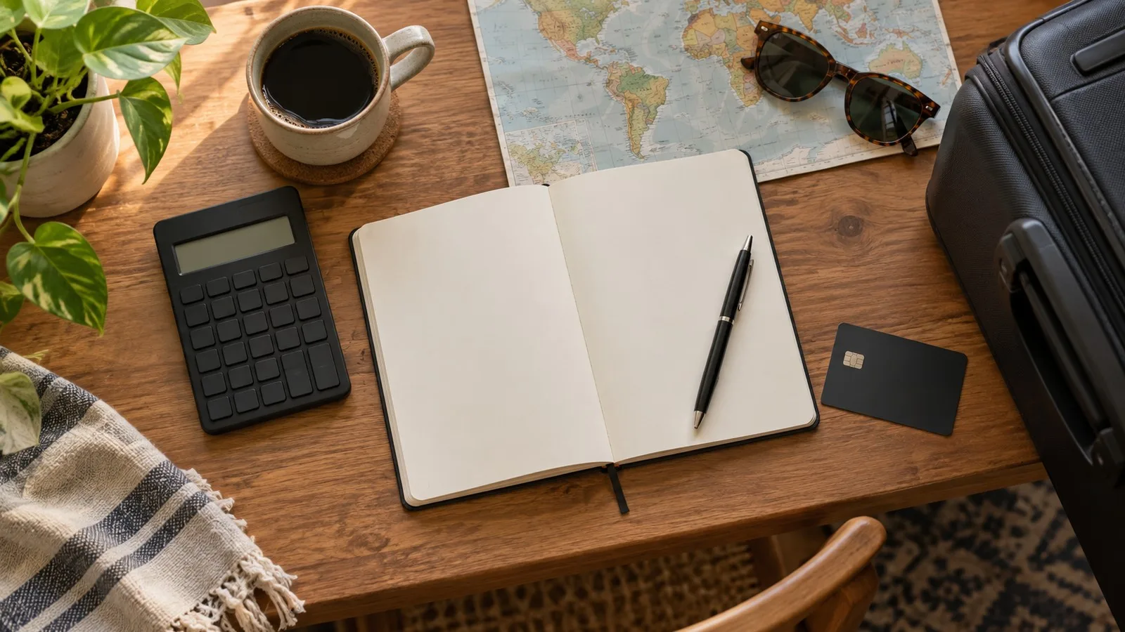 Calculadora, caderno e cartão genérico sobre uma mesa de planejamento de viagem
