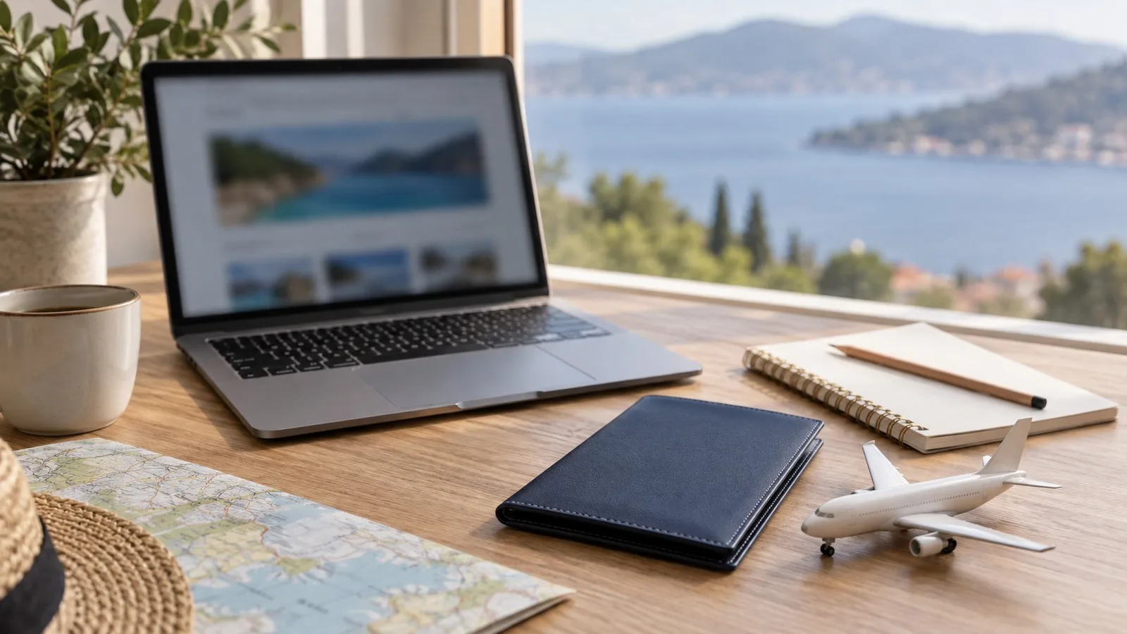 Notebook, caderno e miniatura de avião em planejamento de resgate com pontos