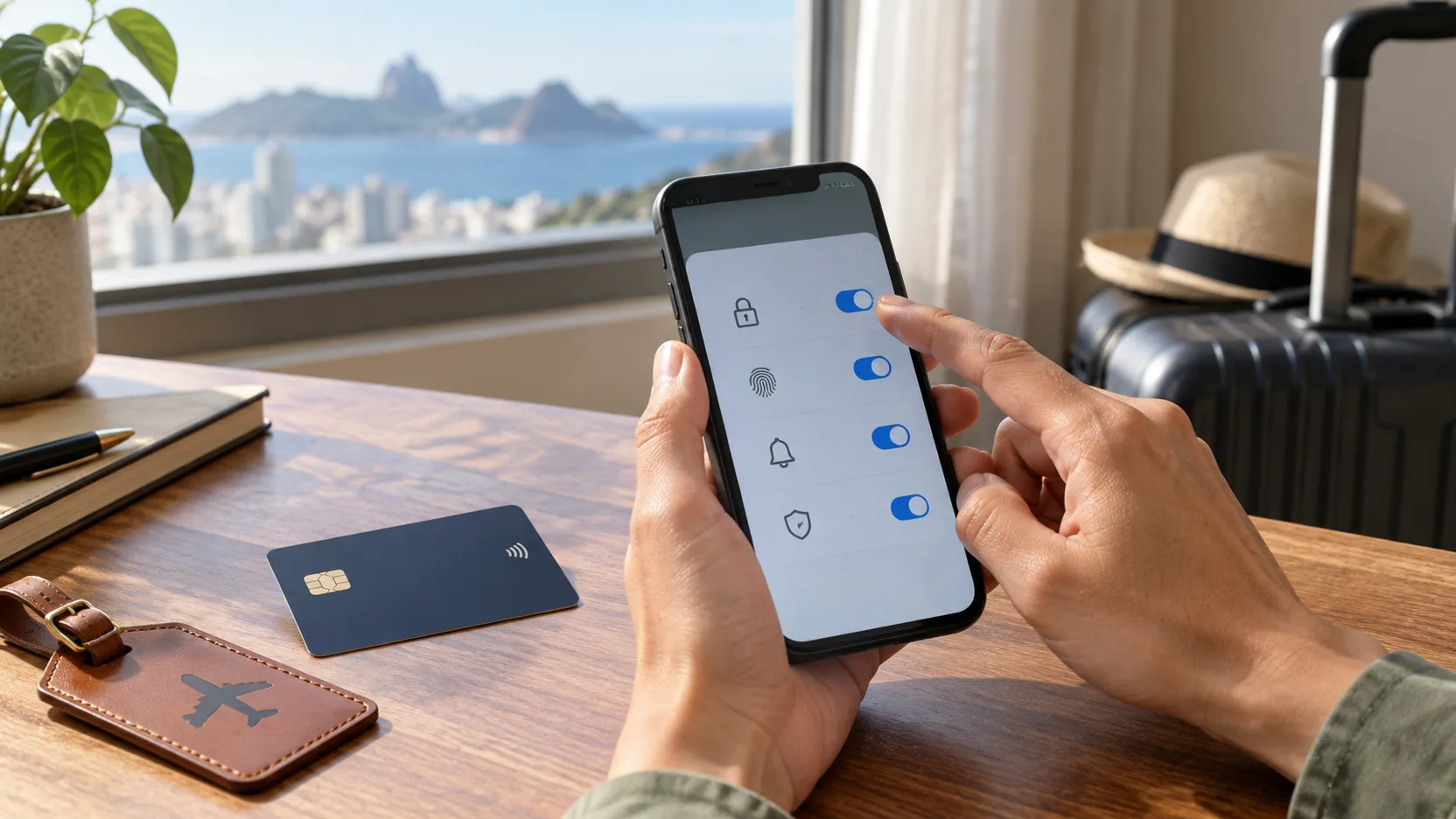 Pessoa ativa recursos de segurança em celular ao lado de cartão e mala de viagem