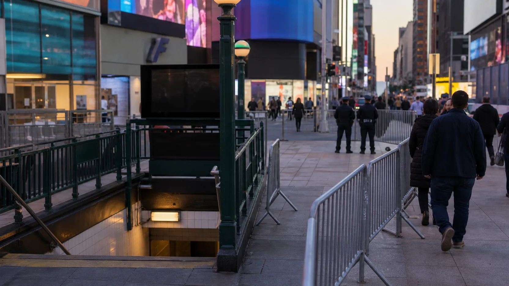 Imagem ilustrativa de Times Square após o ataque com facas, com pedestres e policiamento