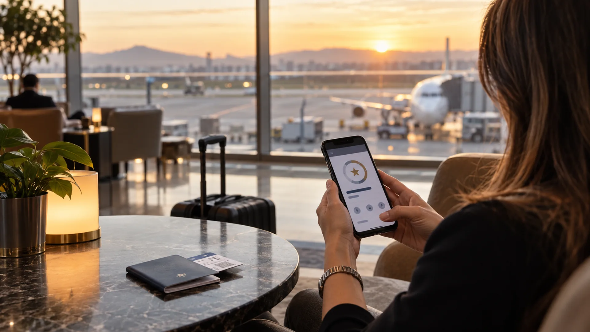 Viajante consulta pontos no celular em um aeroporto