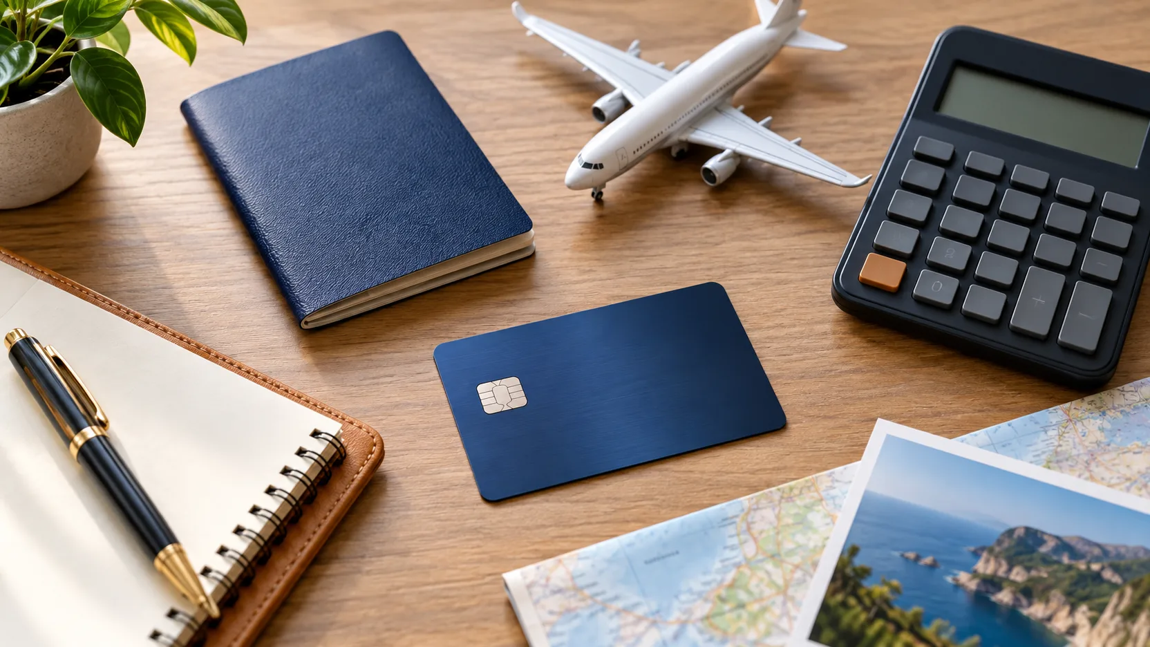 Cartão genérico, passaporte e itens de viagem sobre uma mesa