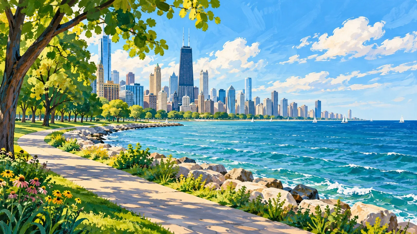 Ilustração da orla do Lago Michigan com árvores e skyline de Chicago