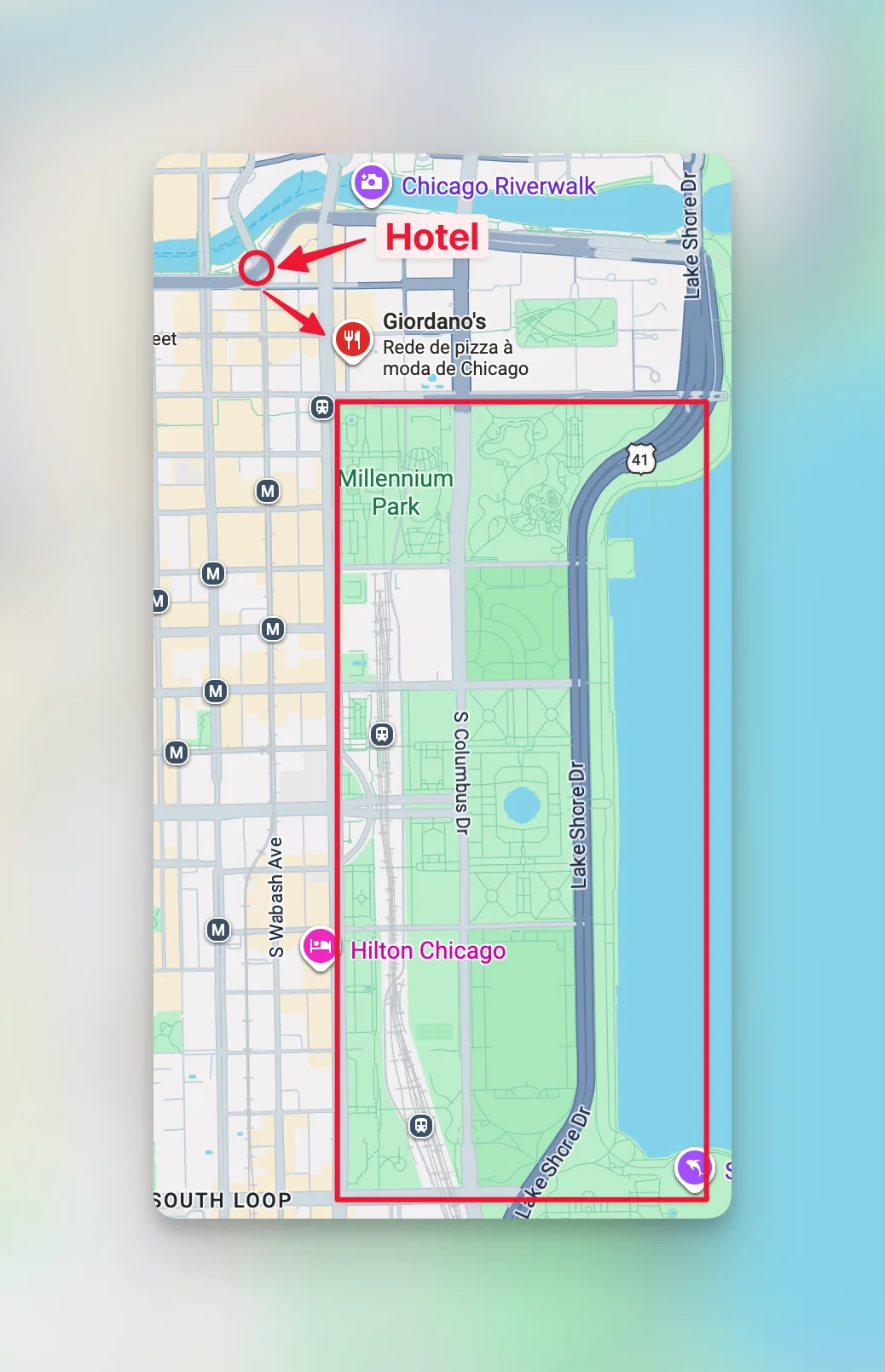 Mapa de Chicago em 3 dias com Millennium Park, Grant Park e região do hotel