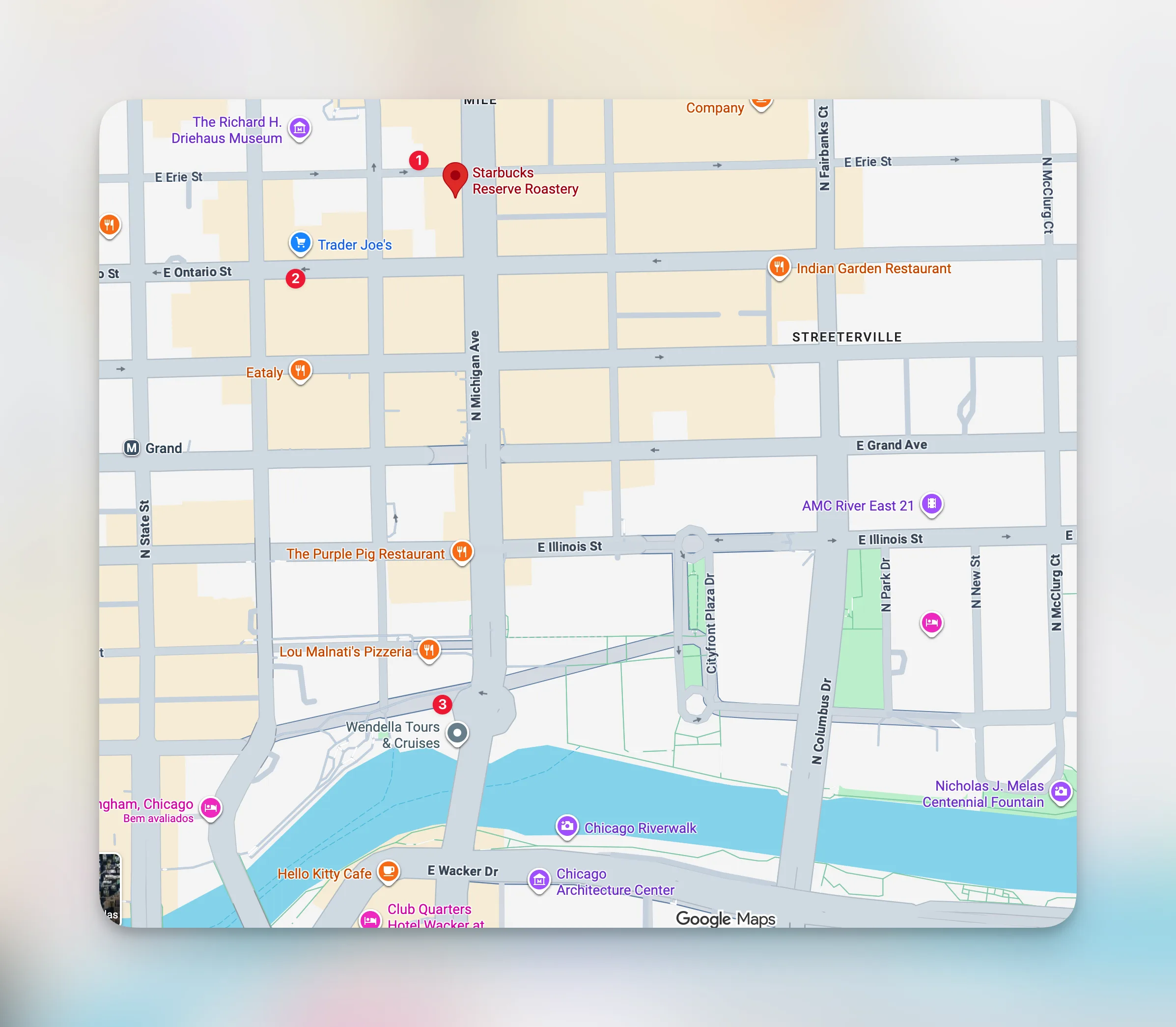 Mapa da Starbucks Reserve Roastery e caminho desde o Chicago Riverwalk