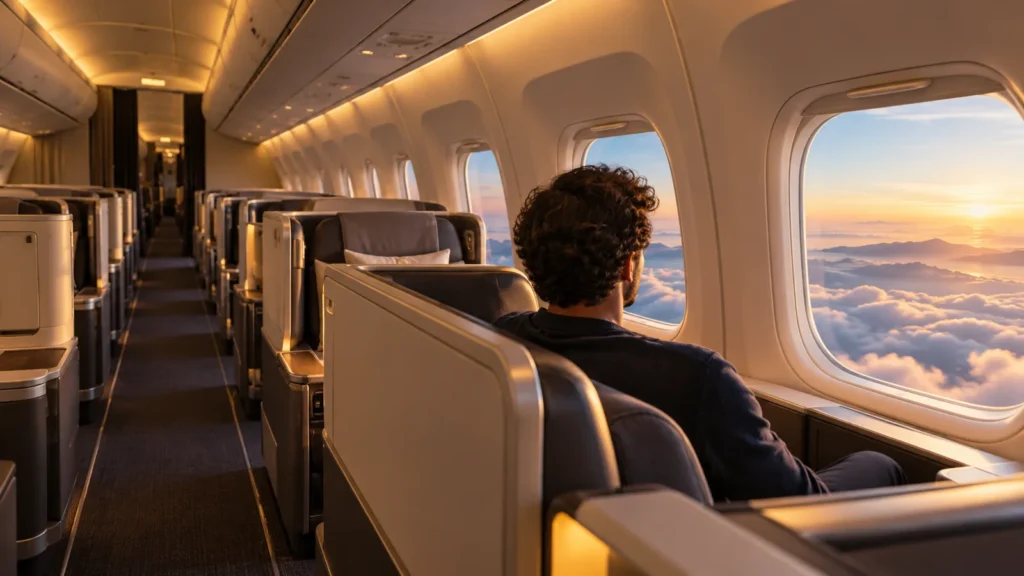 Interior de cabine premium de avião, imagem que ilustra as mudanças anunciadas pelo LATAM Pass para upgrade de cabine em 2027