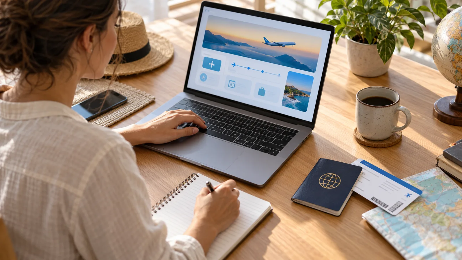 Viajante organiza uma viagem no computador, imagem que ilustra o processo automático de upgrade do LATAM Pass